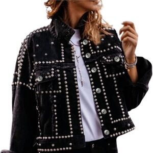 Trendy Boutique Black Studded Jean Jacket